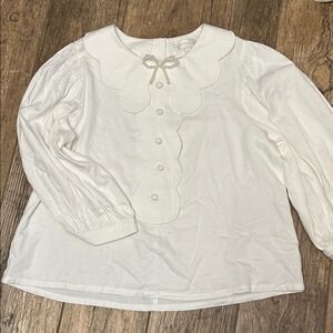 Corey Lynn Calter white puff sleeve Peter Pan collar pearl bow XS
